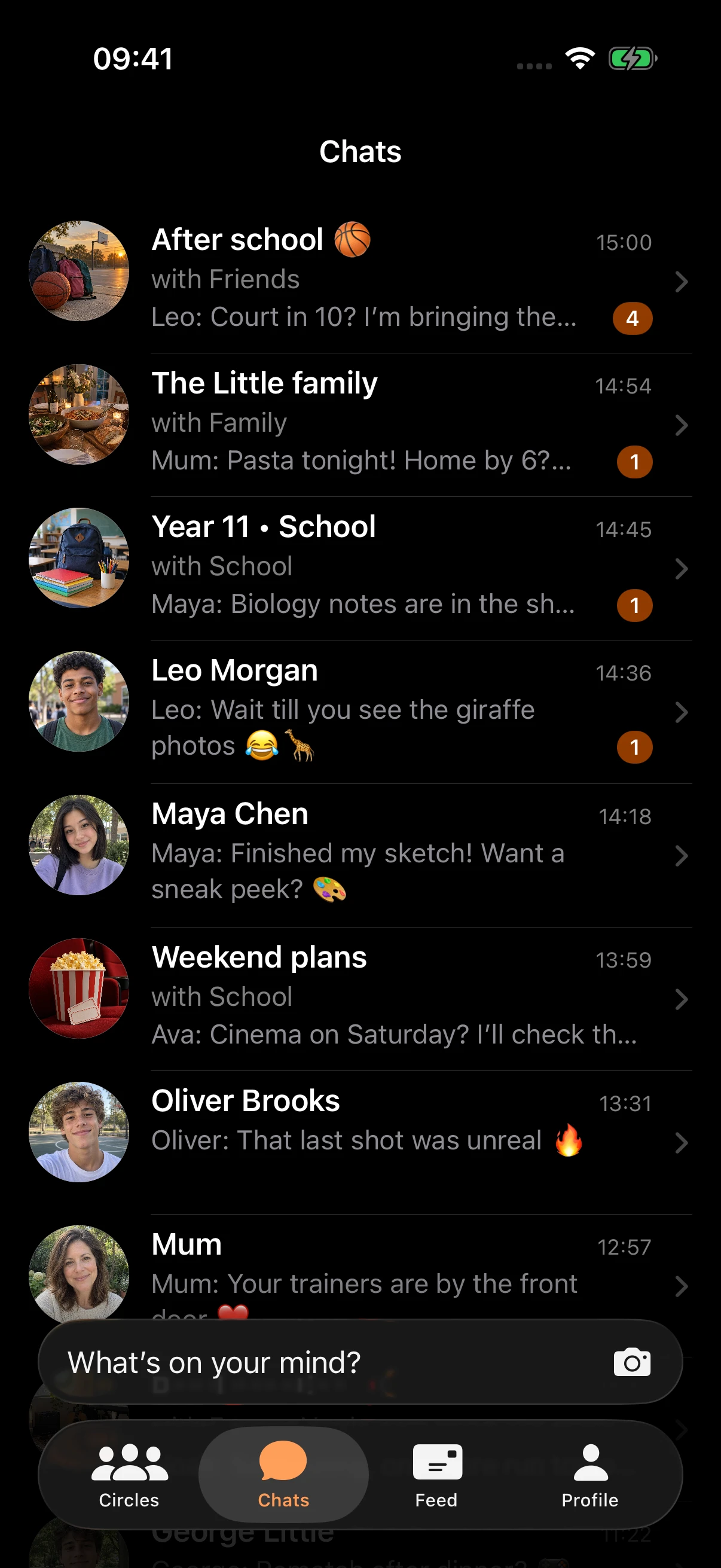 Cheddar iOS Chats with illustrated group photos and individual friend portraits