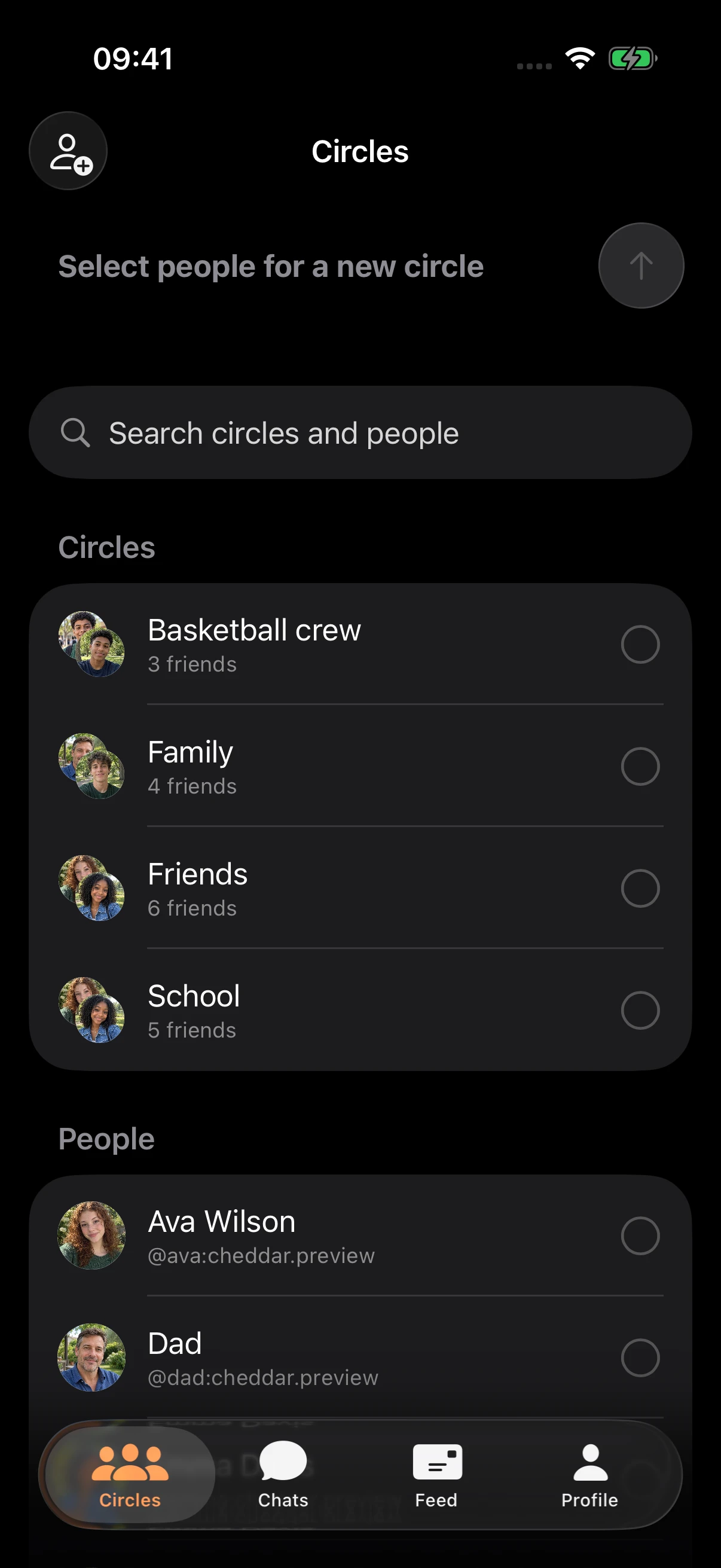 Cheddar iOS Circles with Friends, Family, School and Basketball crew, plus contact portraits