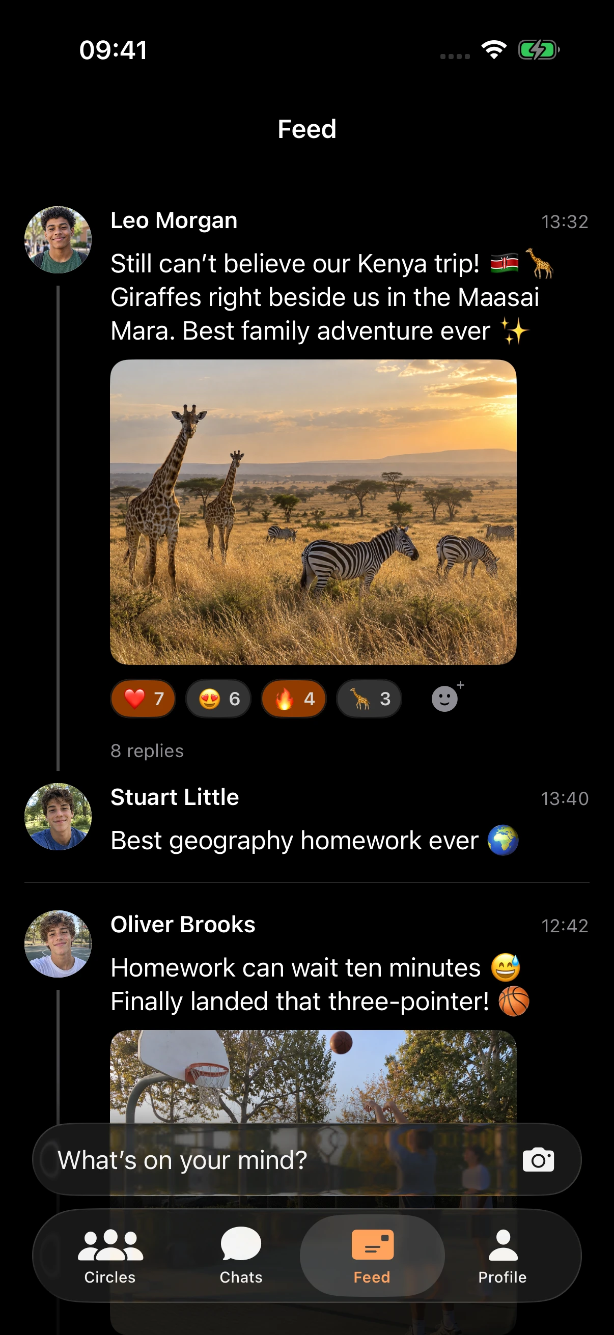 Cheddar iOS Feed showing Leo’s Kenya safari photo, reactions, a reply and Oliver’s basketball post
